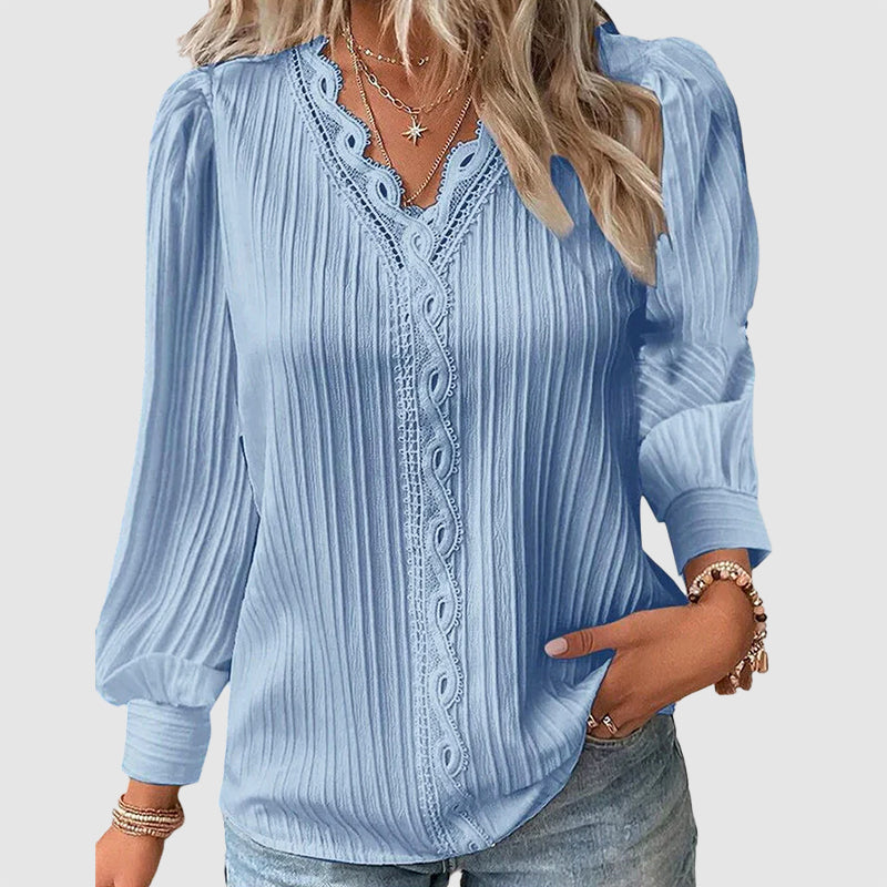 Lindsey - Women's Lace Trim V-Neck Long Sleeve Blouse