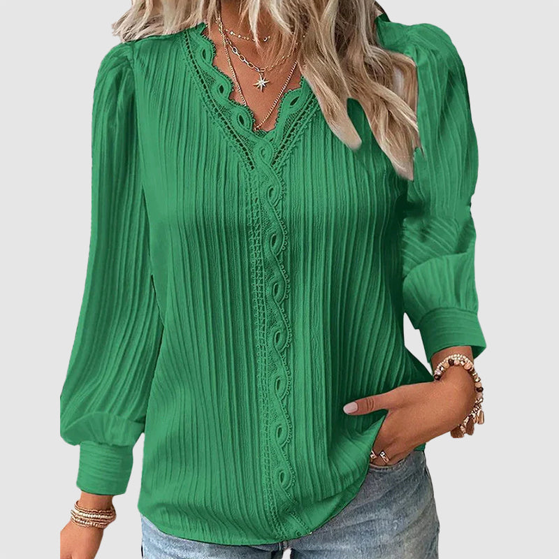 Lindsey - Women's Lace Trim V-Neck Long Sleeve Blouse