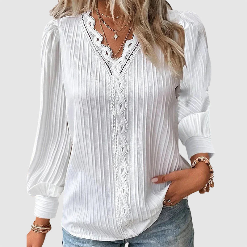 Lindsey - Women's Lace Trim V-Neck Long Sleeve Blouse