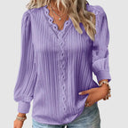 Lindsey - Women's Lace Trim V-Neck Long Sleeve Blouse