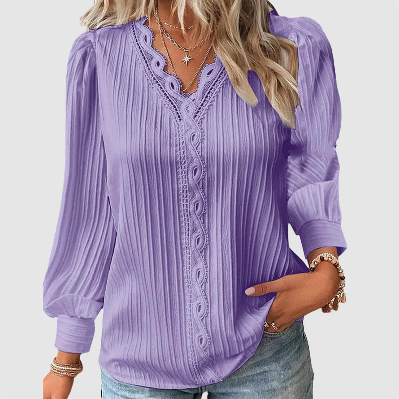 Lindsey - Women's Lace Trim V-Neck Long Sleeve Blouse