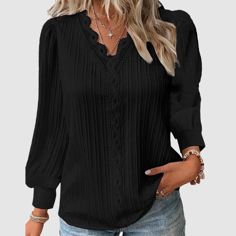 Lindsey - Women's Lace Trim V-Neck Long Sleeve Blouse