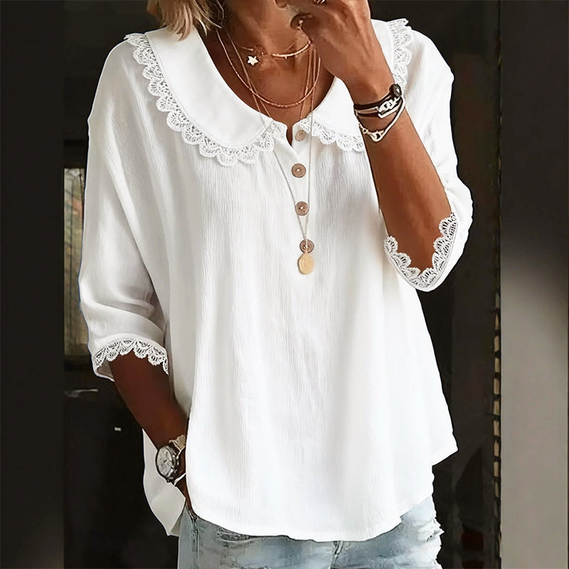 Maisie - Women's Lace Trim Collar Button Blouse