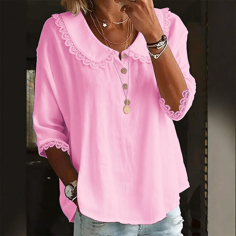 Maisie - Women's Lace Trim Collar Button Blouse