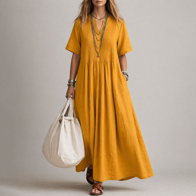 Maria - Women's Pintuck Maxi Dress with Relaxed Drape