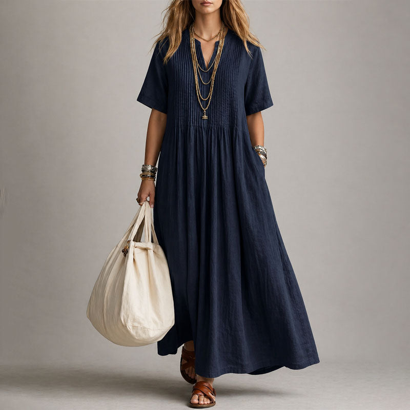 Maria - Women's Pintuck Maxi Dress with Relaxed Drape