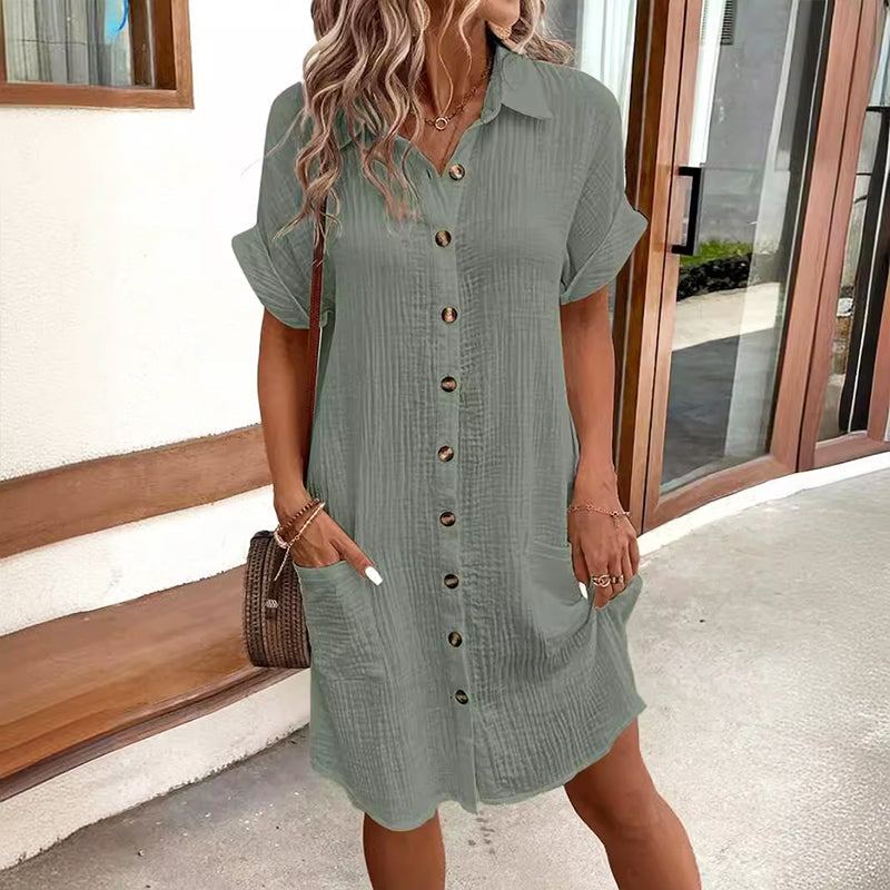 Mirelle - Women’s Short Sleeve Button-Front Shirt Dress