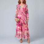 Noelle - Women’s Floral Maxi Dress with V-Neck and Tie Belt