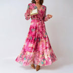 Noelle - Women’s Floral Maxi Dress with V-Neck and Tie Belt