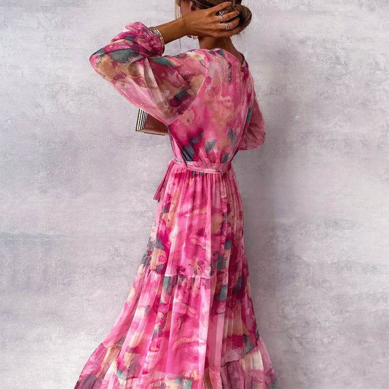 Noelle - Women’s Floral Maxi Dress with V-Neck and Tie Belt