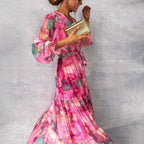 Noelle - Women’s Floral Maxi Dress with V-Neck and Tie Belt