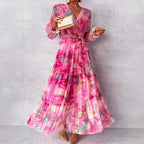 Noelle - Women’s Floral Maxi Dress with V-Neck and Tie Belt