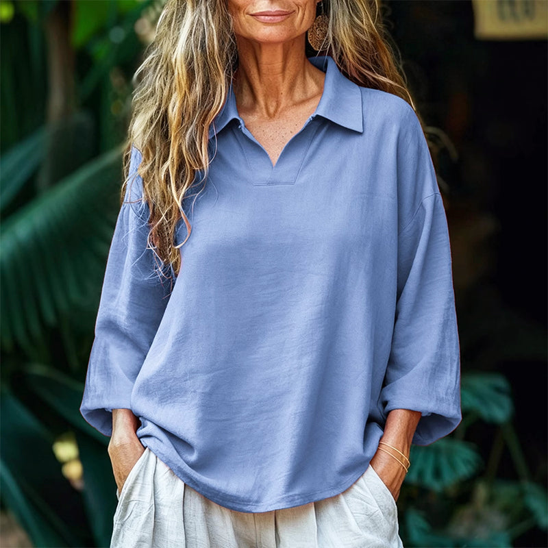 Noelle - Women's Relaxed Fit Collared V-Neck Top
