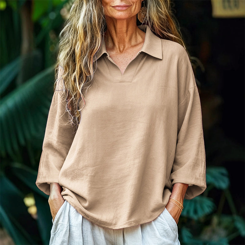 Noelle - Women's Relaxed Fit Collared V-Neck Top