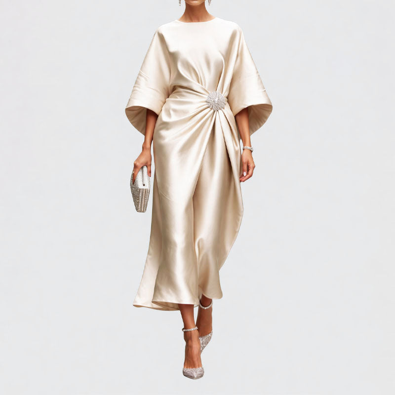 Olivia - Elegant Gathered Waist Midi Dress