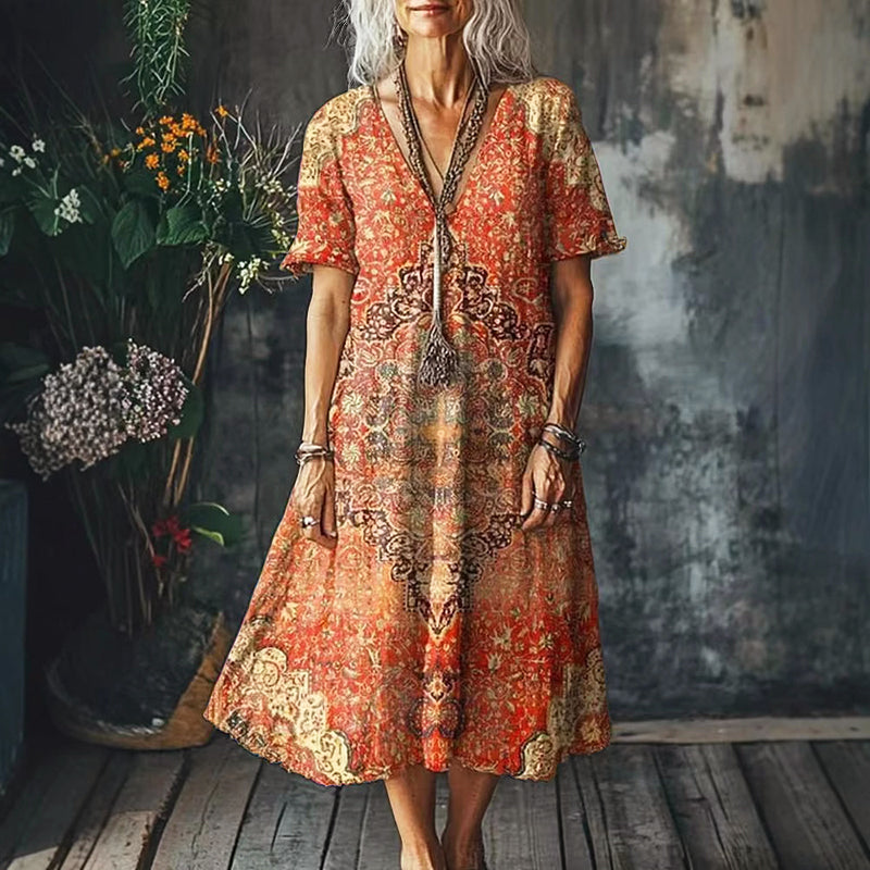 Ophelia - Women's Retro Boho Loose Fit Midi Dress