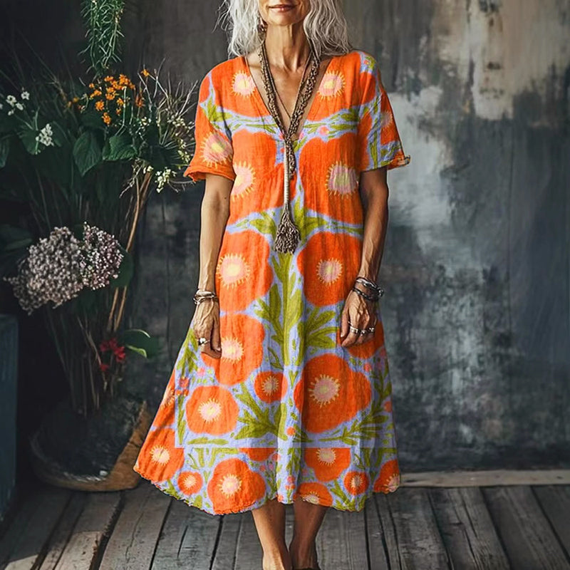 Ophelia - Women's Retro Boho Loose Fit Midi Dress
