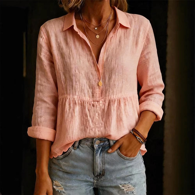 Rosalie - Women's Cotton V-Neck Relaxed Fit Blouse