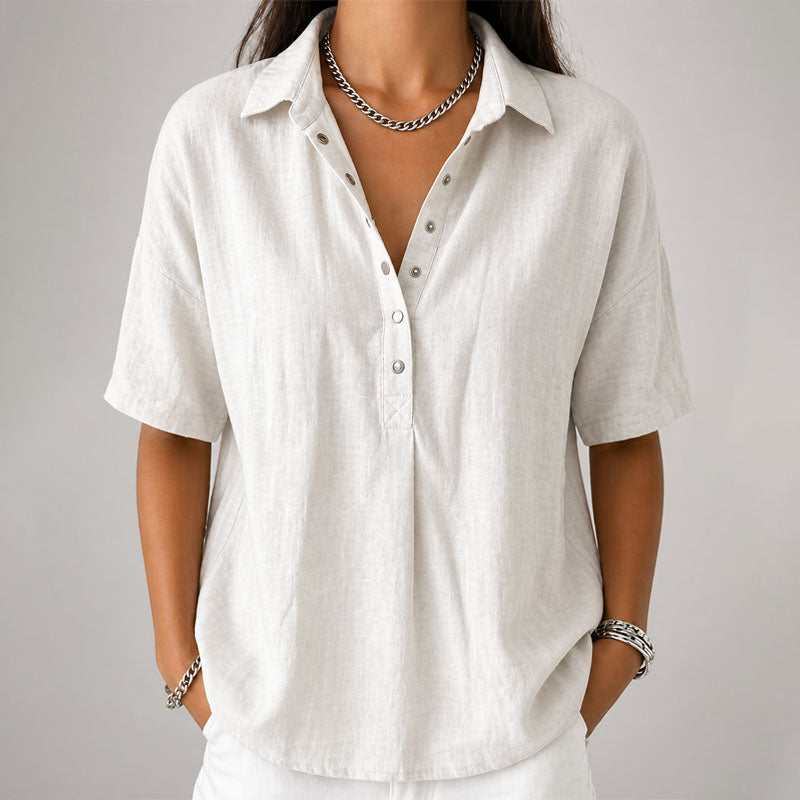 Sara - Women's Relaxed Short Sleeve Henley Shirt