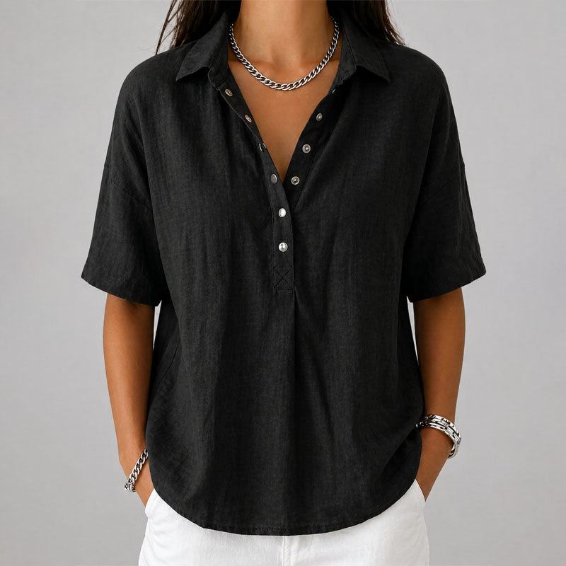 Sara - Women's Relaxed Short Sleeve Henley Shirt