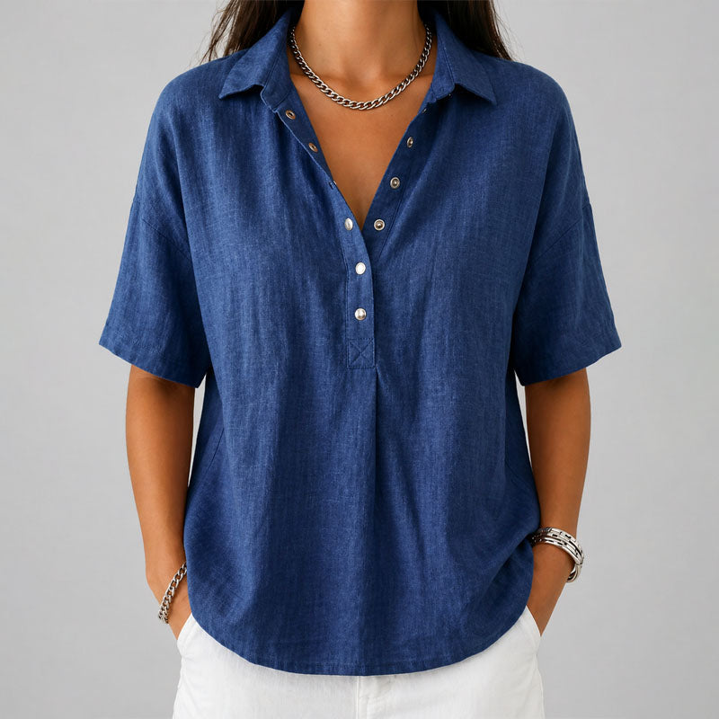Sara - Women's Relaxed Short Sleeve Henley Shirt