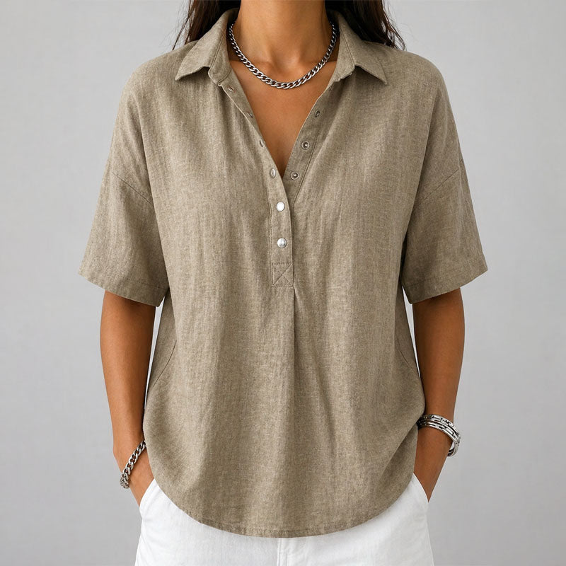 Sara - Women's Relaxed Short Sleeve Henley Shirt