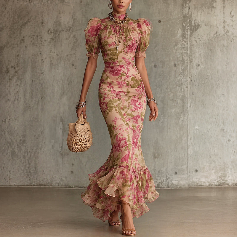 Seraphina - Women’s Floral Ruffle Maxi Dress with Puff Sleeves