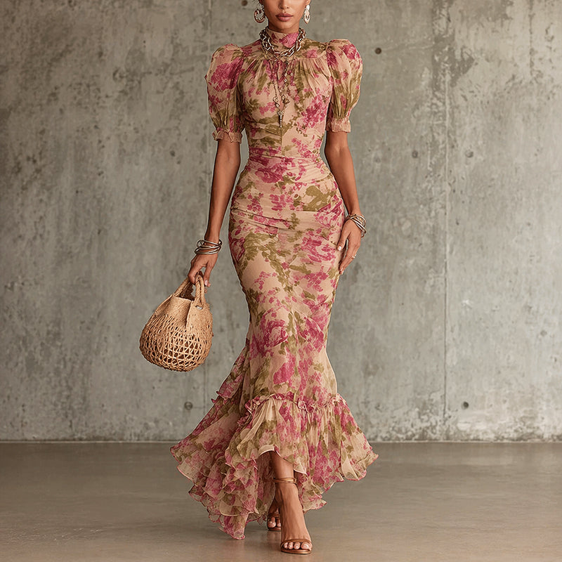 Seraphina - Women’s Floral Ruffle Maxi Dress with Puff Sleeves