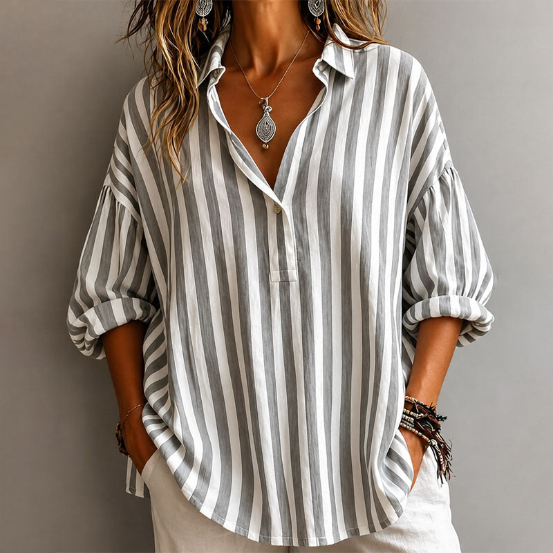 Sheila - Women's Relaxed Vertical Stripe Half-Button Shirt