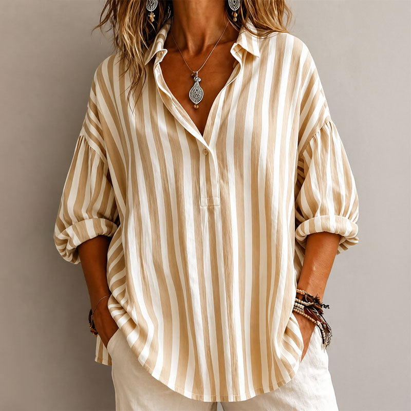 Sheila - Women's Relaxed Vertical Stripe Half-Button Shirt