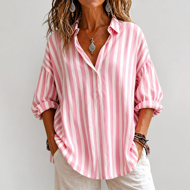 Sheila - Women's Relaxed Vertical Stripe Half-Button Shirt