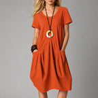 Talia - Women’s Relaxed Midi Dress with Front Pleats and Pockets