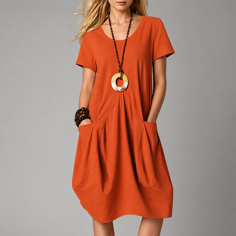 Talia - Women’s Relaxed Midi Dress with Front Pleats and Pockets