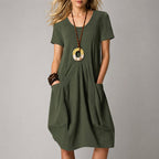Talia - Women’s Relaxed Midi Dress with Front Pleats and Pockets