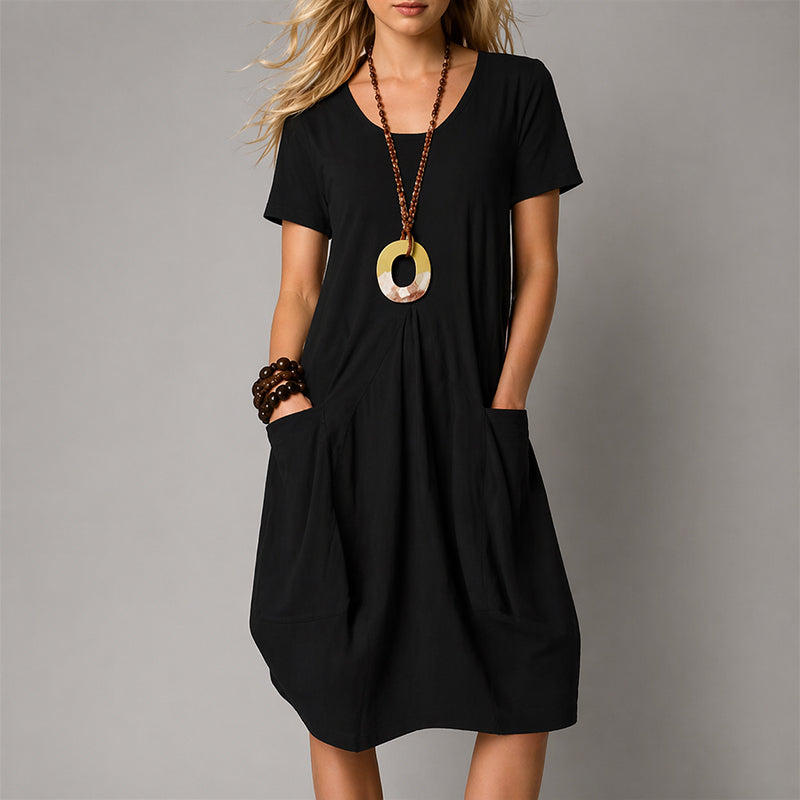 Talia - Women’s Relaxed Midi Dress with Front Pleats and Pockets