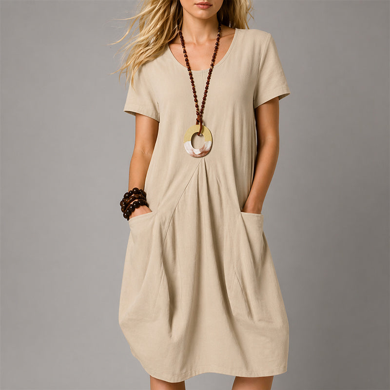 Talia - Women’s Relaxed Midi Dress with Front Pleats and Pockets