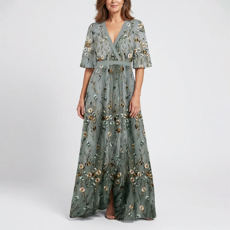 Vivienne - Floral V Neck Short Sleeve Maxi Dress