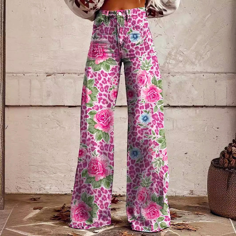 Zoey - Women's Floral Printed High Waisted Wide Leg Pants
