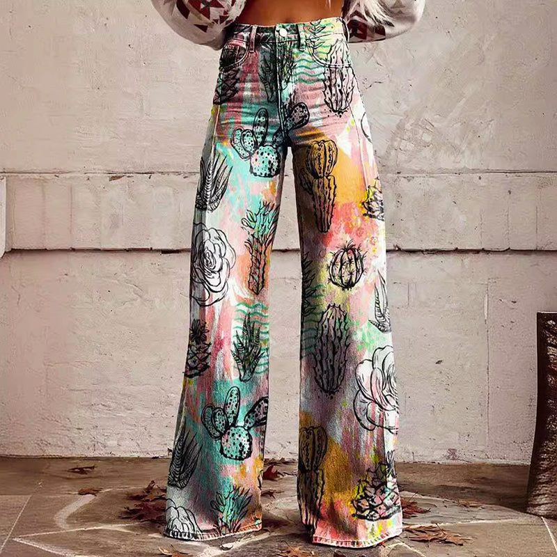 Zoey - Women's Floral Printed High Waisted Wide Leg Pants