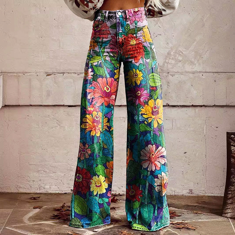 Zoey - Women's Floral Printed High Waisted Wide Leg Pants