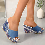 Iona - Women's Mosaic Denim Wedge Heels