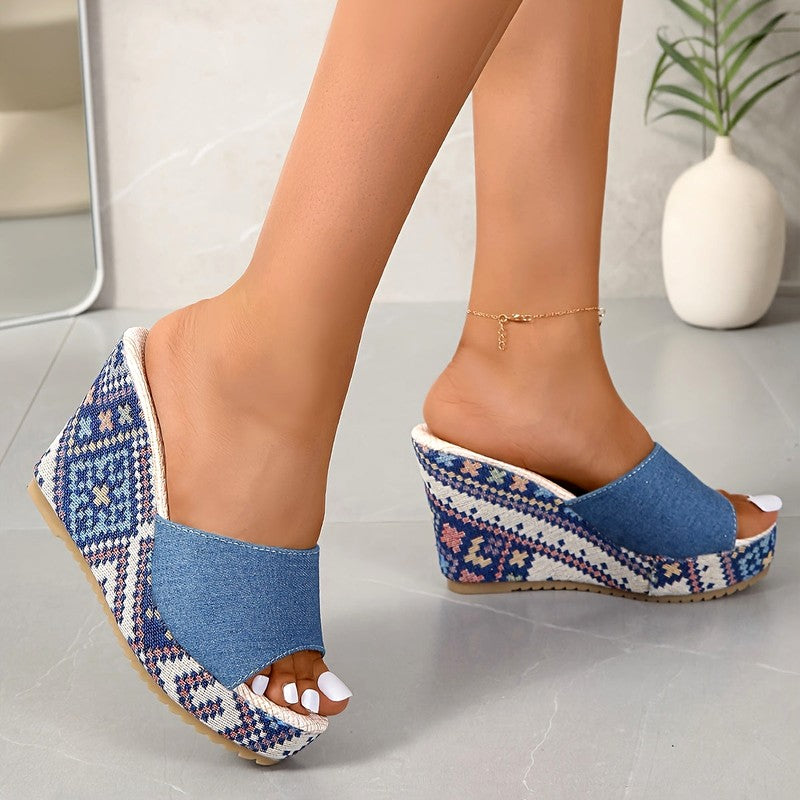 Iona - Women's Mosaic Denim Wedge Heels