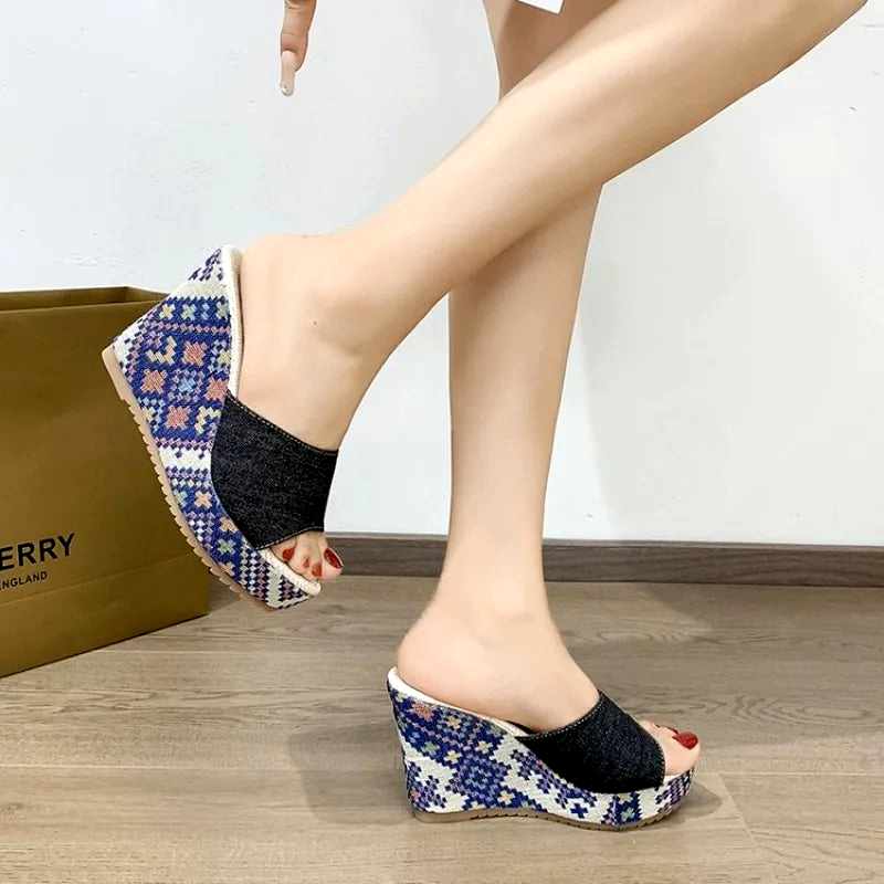 Iona - Women's Mosaic Denim Wedge Heels