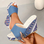 Iona - Women's Mosaic Denim Wedge Heels