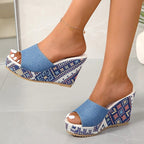 Iona - Women's Mosaic Denim Wedge Heels