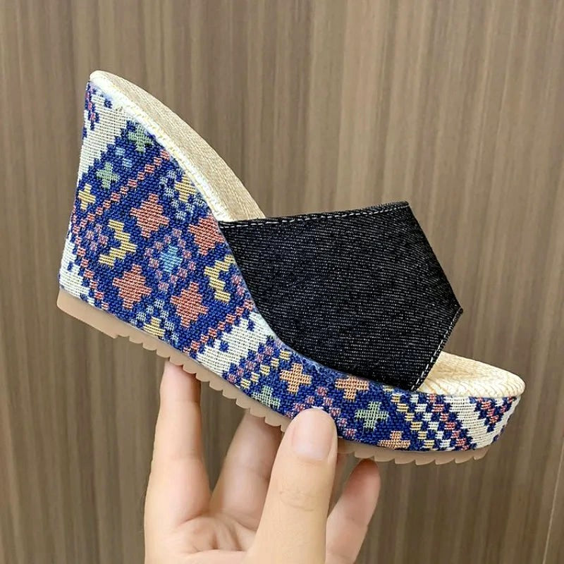 Iona - Women's Mosaic Denim Wedge Heels